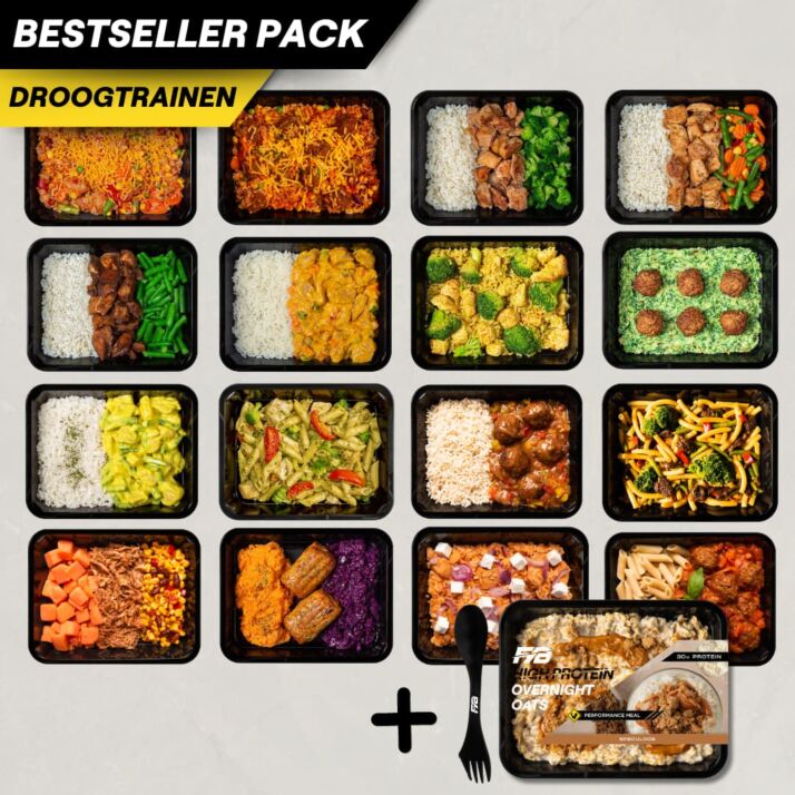 Droogtrainen pack met 16 sportmaaltijden & gratis Fuelyourbody spork en high protein overnight oats!