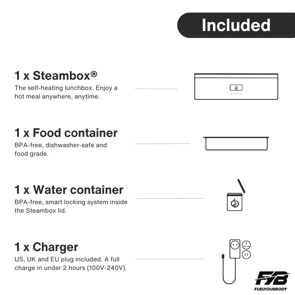 Inhoud van de doos, 1x de Steambox, 1x food container, 1x water container, 1x oplader